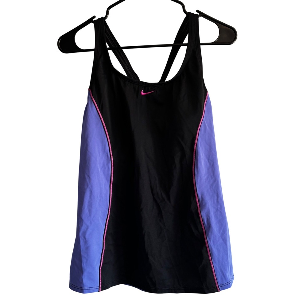 Nike Womens Tankini Top XL Black Purple Racerback Swim NESS9363 Logo Colorblock
